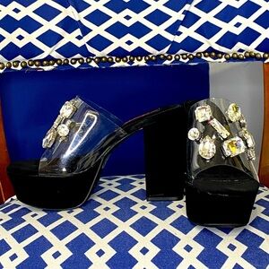 Black and clear jeweled chunky mules platform high heel mules by wild diva